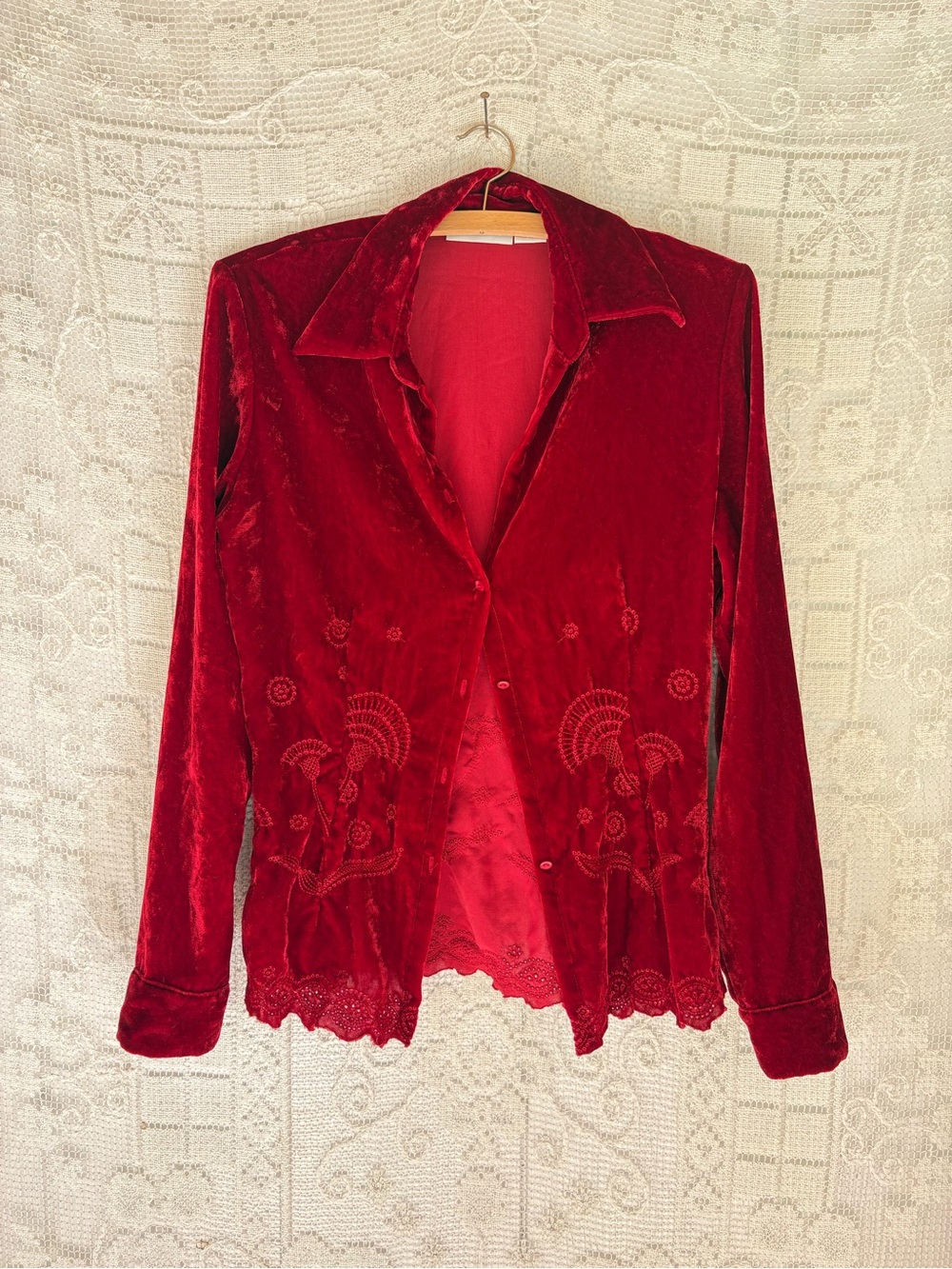 Vintage Deep Red Velvet Embroidered Button Shirt